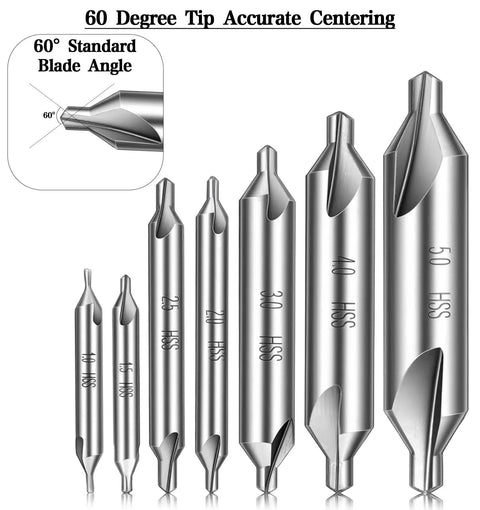 Image of a 7-piece Heavy Duty Center Drill Bit Set M2 High Speed Steel Countersink Bits with 60 Degree Point for metal lathe use