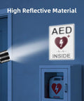 AED Sign Stickers, 2 Pack, 10x7 Large Vinyl Wall Signage For Quick AED Location, High Visibility Reflective Decals For Cabinets, Walls, Halls, And Emergency Response Areas on wall with AED cabinet
