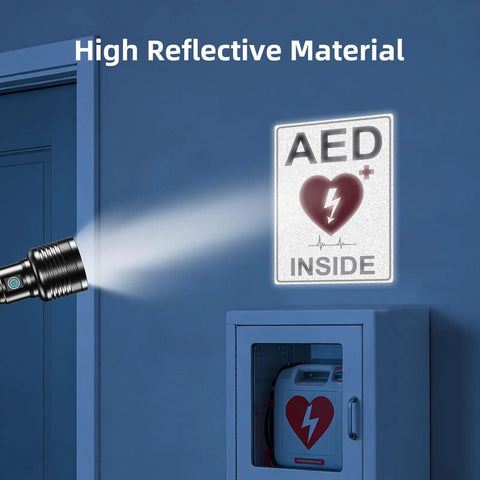 AED Sign Stickers, 2 Pack, 10x7 Large Vinyl Wall Signage For Quick AED Location, High Visibility Reflective Decals For Cabinets, Walls, Halls, And Emergency Response Areas on wall with AED cabinet