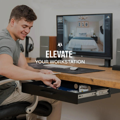 Level Up Your Desk Setup With This Solid Carbon Steel Undermount Drawer Attachment, matte black, easy slide-out access for workspace organization.