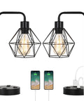 Industrial Dual USB Desk Lamps Set of 2 With Edison Style Bulbs Built In AC Outlet Black Metal Cage Nightstand Reading Lamps