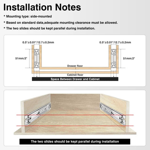 Diagram showing installation of Heavy Duty Locking Drawer Slides With Lock, Full Extension Ball Bearing Rails, Side Mount