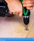 User drilling with Kickass 5 Piece Forstner Bit Set 15 20 25 30 35 Mm with round shank design into plywood for accurate hinge drilling.