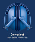 Kid Friendly Hearing Protection With Adjustable Headband, 22 dB NRR, folded headphones, compact for travel, blue design