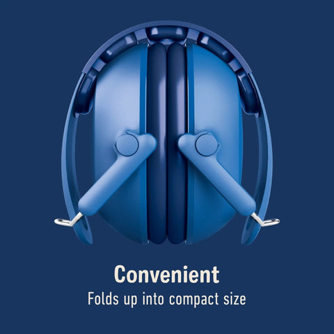 Kid Friendly Hearing Protection With Adjustable Headband, 22 dB NRR, folded headphones, compact for travel, blue design