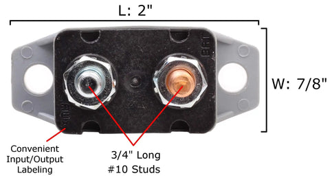 30 Amp 12 Volt Type 1 Automatic Reset Circuit Breaker With Red Vinyl Cover No More Blown Fuses Thermal Auto Reset Easy Install Rustproof Housing Ten Thirty Two Stud Terminals Stacking Up To Half Inch For Auto And Marine Use, close-up of stud terminals with labeled input/output, dimensions visible.