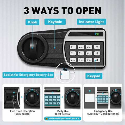 3 ways to open knob, keyhole, keypad with indicator light and emergency battery socket for 1.6 Cuft Home Safe Box With Fireproof Waterproof Bag Anti Theft Digital Keypad Smart Alert System Spare Keys Removable Shelf LED Light Perfect For Docs Jewelry Laptops And Meds