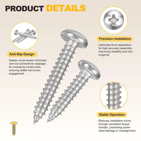 Rock Solid 304 Stainless Steel Phillips Pan Head Self Tapping Screws Number 10 By 4 Inch Heavy Duty Fasteners close-up view with features.