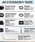 Anti Theft License Plate Screws Kit components including screw cover, gasket, washer, nylon insert, foam pad, nut, and spanners.
