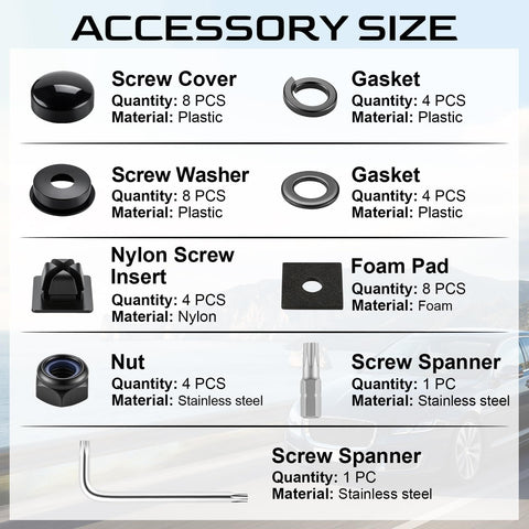 Anti Theft License Plate Screws Kit components including screw cover, gasket, washer, nylon insert, foam pad, nut, and spanners.