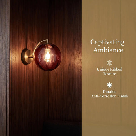 Mid‑Century Modern Globe Glass Wall Sconce with Wine Red Hand‑Blown Glass mounted on wood, featuring ribbed texture and warm light.