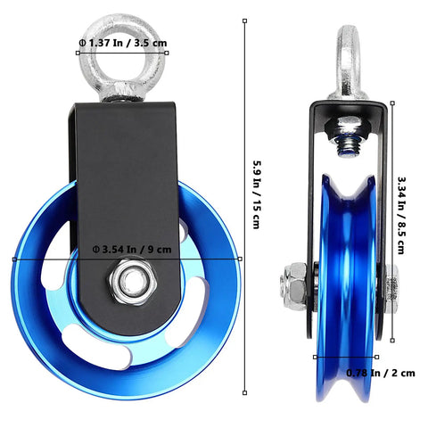 Beefy Aluminum Cable Pulley Wheel Set With Hanging Strap And Snap Hook, 3.5 Inch Snatch Block Rotates 360 Degrees, Heavy Duty Home Gym And DIY Pulley System, Blue showing front and side dimensions