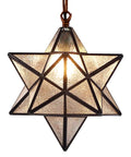 Moravian Star Tiffany Style Stained Glass Ceiling Pendant Lamp with 12 Inch Lampshade lit from within, antique brass chain visible