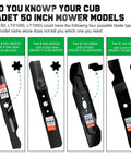 Comparison of mower blades for Cub Cadet 50 inch deck, featuring 6-point star and circle mounting holes for RZT50 LT1050 LTX1050 models.