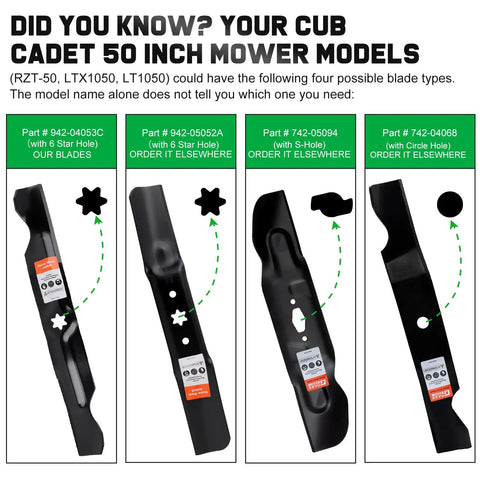 Comparison of mower blades for Cub Cadet 50 inch deck, featuring 6-point star and circle mounting holes for RZT50 LT1050 LTX1050 models.