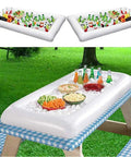 Inflatable Serving Bar For Summer Parties With Ice Chiller, Buffet Station, Drink Holder And Cooler Tray on picnic table