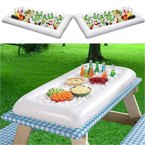 Inflatable Serving Bar For Summer Parties With Ice Chiller, Buffet Station, Drink Holder And Cooler Tray on picnic table