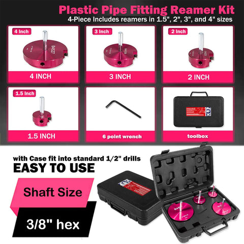Four Piece Pipe Reamer Kit For PVC CPVC And ABS Fittings Includes 1.5 2 3 And 4 Inch Reamers, Fits Standard One Half Inch Drills
