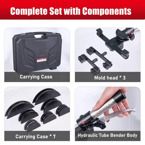 Rgvoc Hydraulic Tubing Bender Kit For 1/4 To 7/8 Inch Copper And Brass Pipe With 180 Degree Bend Tool components including carrying case and bender body.