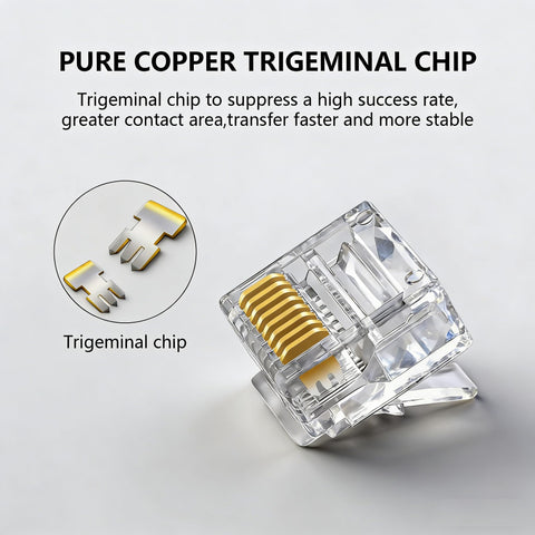 Close-up of Cat6 RJ45 Connectors for Slim Flat Ethernet Cables 30 and 32 AWG with gold-plated contacts and trigeminal chip.