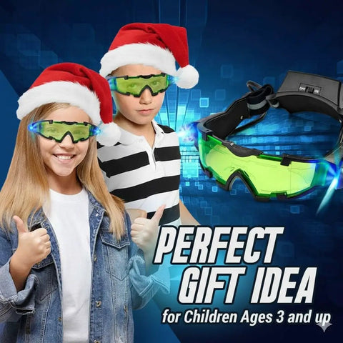 Kids wearing Epic Night Vision Spy Goggles with holiday hats, promoting perfect gift idea for ninja missions fun spy kit ages 8 to 12