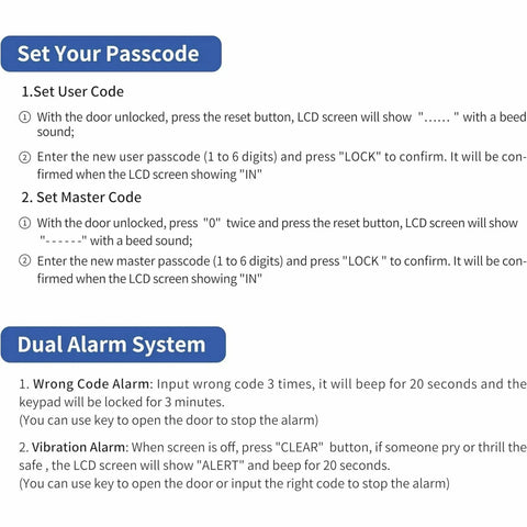 Instructions for setting user and master codes on heavy duty 10 Cu Ft home safe box with digital keypad and dual alarm system.