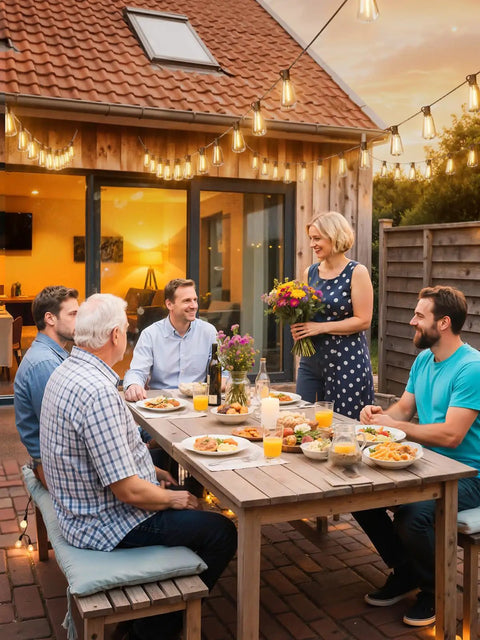 Family dining under Outdoor String Lights 100 Ft Patio Lighting With 52 LED Edison Bulbs End To End Connectable Waterproof setup