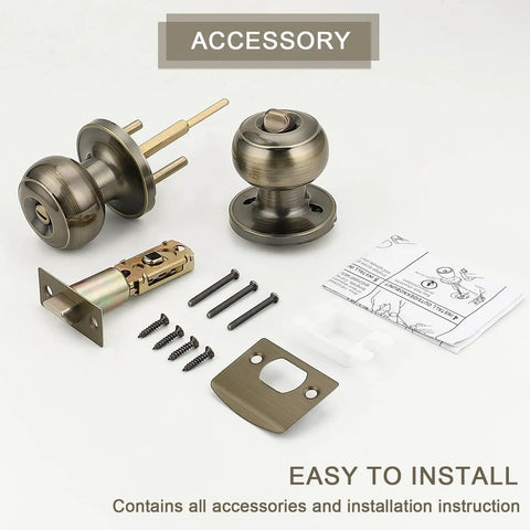 Privacy Door Knob Lock Set For Interior Bedroom And Bathroom Doors Keyless Turn Button Privacy Round Ball Handle In Antique Brass Stainless Steel Durability 5 Pack with all accessories and installation guide