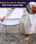 Shower Chair For Tub And Shower with easy tool-free assembly, showing adjustable bath seat and non-slip suction feet