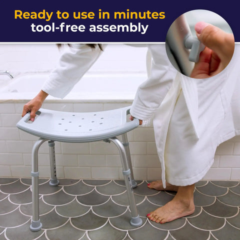 Shower Chair For Tub And Shower with easy tool-free assembly, showing adjustable bath seat and non-slip suction feet