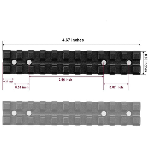 Picatinny Rail Mount For 10/22 Rifles With 11 Slots For Red Dots Scopes And Magnifiers And 21mm Accessories, dimensions labeled