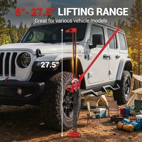 33 Inch 7000 Lbs Farm Jack With Ratcheting High Lift Mechanism next to SUV in outdoor setting