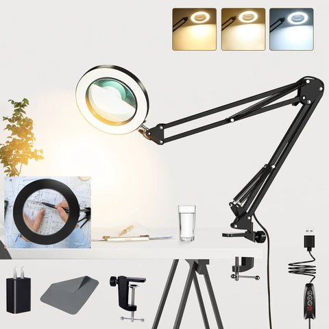 10X Lighted Magnifying Glass With Adjustable Swing Arm And 72 LEDs Real Glass Lens Loupe For Reading Hobbies Crafts And Workbench displayed on a desk