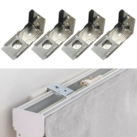 Heavy Duty L Shaped Metal Mounting Brackets For Shutters And Rolling Curtains Rock Solid Cold Rolled Steel Hardware Kit 4 Piece Set showing four sturdy silver brackets and installation example.