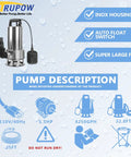 Tough As Nails 1.5HP Submersible Sump Pump 115V Stainless Steel For Clean And Dirty Water, 4250 GPH features.