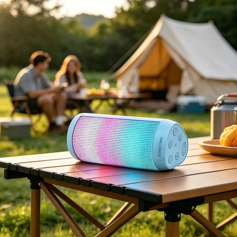 Powerful Portable Wireless Bluetooth Speaker With Stereo Sound LED Lights And Long 36 Hour Battery Life IPX4 Waterproof BT53 TWS Pairing Built In Mic Ideal For Outdoors Home Parties And Travel Powder Blue Gift on a table outdoors with camping scene in background.
