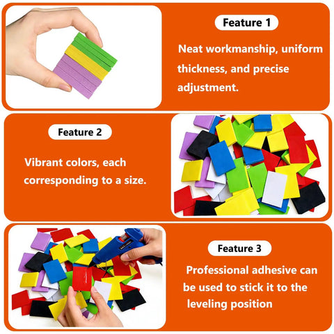 Slick Heavy Duty Foam Shims To Square Up Crooked Walls Quick, colorful foam shims varying in size positioned for leveling.