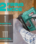 Cordless Two In One Brad Nailer And Staple Gun Powered By 20V Rechargeable Battery demonstrating single and bump firing modes.