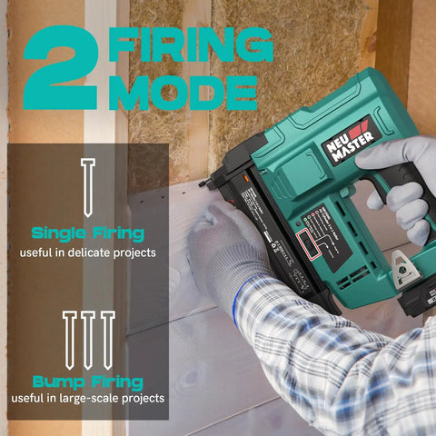 Cordless Two In One Brad Nailer And Staple Gun Powered By 20V Rechargeable Battery demonstrating single and bump firing modes.