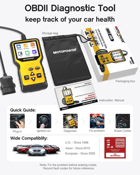 All In One OBD2 Scanner Code Reader Plug And Play With Battery Tester Check Engine Light Diagnostic Tool displayed with packaging