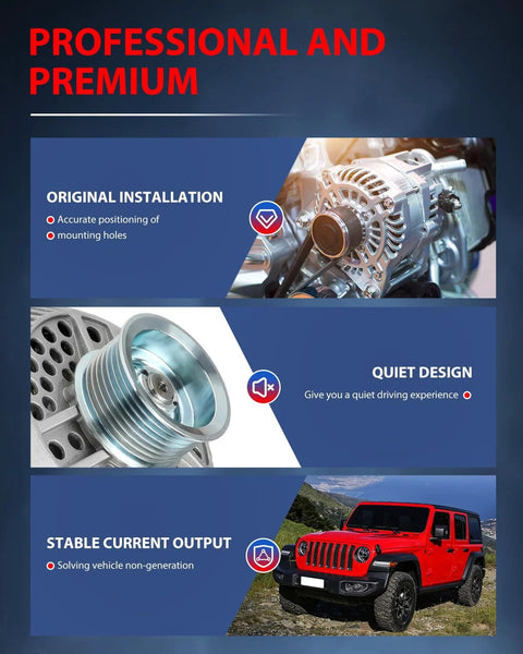 Image of Alternator 130 Amp 12V CW Rotation S8 Pulley Drop-In Fit Ford F-Series Trucks 1948-1998 And E-Series Vans 1995-2003 7.3L Diesel E-450 Super Duty Replaces 334-2254 AFD0070 shown installed and detailed close-ups