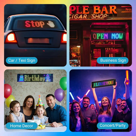 Collage of Devil Eyes LED Lights For Windshield, business, home, and party decor showing vibrant LED signs.