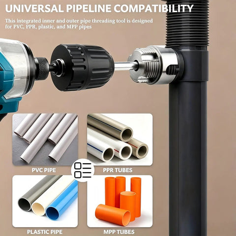Tepvoker Pvc Pipe Threader Kit With Internal And External Threading Dies For 1/2 Inch 3/4 And 1 Inch Npt Plumbing Projects shown with compatible PVC, PPR, plastic, and MPP pipes.