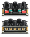 Front and top view of MC5 Mini Portable Stereo Mixer With Four 3.5mm Inputs And One 3.5mm Output, passive design
