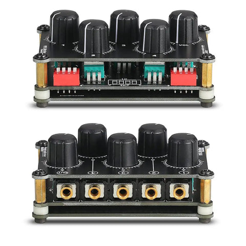 Front and top view of MC5 Mini Portable Stereo Mixer With Four 3.5mm Inputs And One 3.5mm Output, passive design