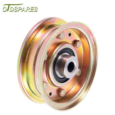 OTDSPARES flat idler pulley with bearing, gold metal finish, close-up view
