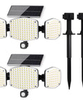 Solar Motion Sensor Outdoor Lights With Stakes For In Ground Or Wall Mount 270 Degree Wide Angle Illumination 208 LED Solar Powered Security Flood Lights IP65 Waterproof No Fuss 2 Pack For Yard Garden Front Porch showing two units and stakes