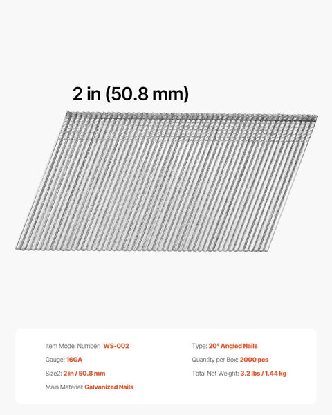 Sixteen Gauge Two Inch Angled Finish Nails Twenty Degree Offset Two Thousand Count Galvanized Steel in a collated strip.