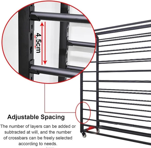 Heavy Duty Fabric Roll Storage Rack With Adjustable Textile Display Shelves And Slick Rolling Platform showing adjustable spacing detail.