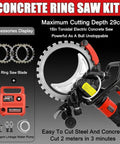 12000W Wall Chaser Concrete Cutter With 16 Inch Electric Ring Saw For Wet Cutting Stone Rebar And Marble Includes Water Fed Dust Suppression System High Power Brushless Motor For Fast Efficient Masonry Work, showing the 16in ring saw with accessories.